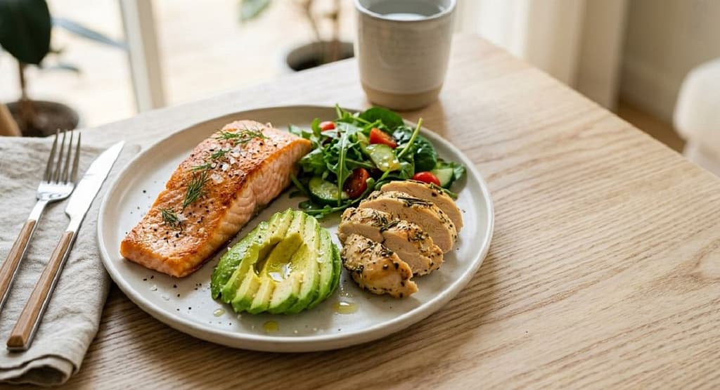 Keto macros plate showing high fat, moderate protein, low carb