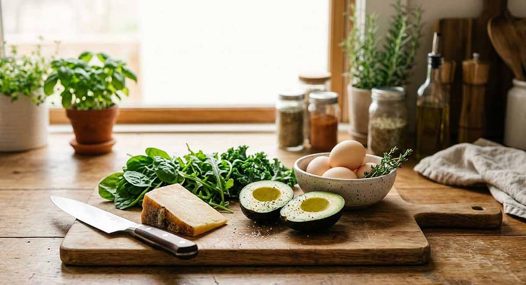 Keto for beginners — a welcoming keto kitchen counter with avocado, eggs and greens being prepped