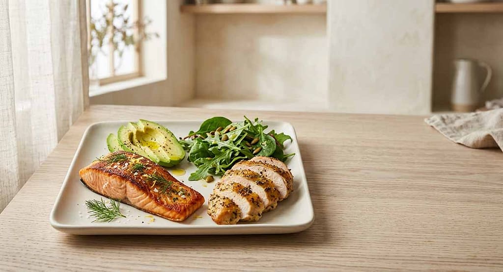 Keto macros plate showing high fat, moderate protein, low carb