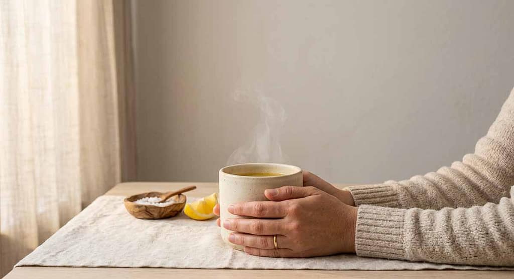 Keto flu remedies — hands cradling a warm mug of bone broth with salt and lemon