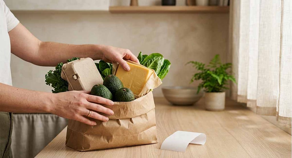 Keto grocery list for beginners— hands loading eggs, avocado, cheese and greens into a paper grocery bag