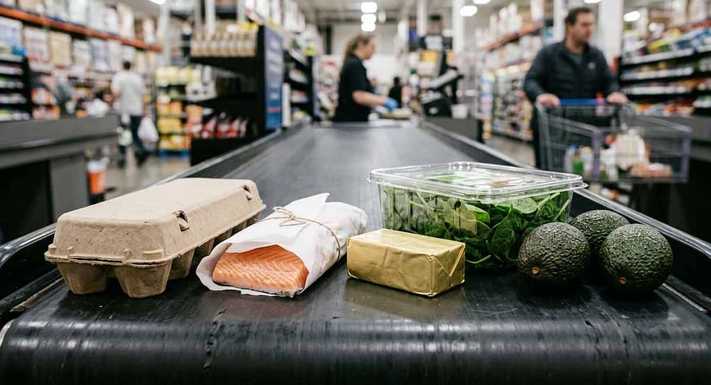 Keto produce aisle — low-carb vegetables and berries with net carbs