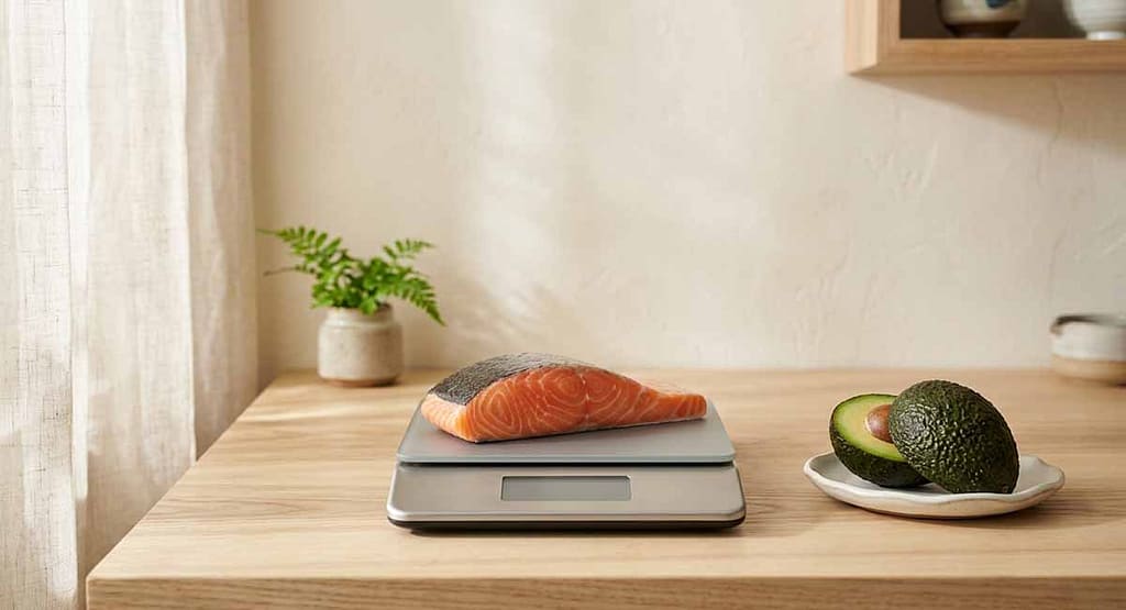 Keto macros explained — weighing a portion of salmon on a kitchen food scale