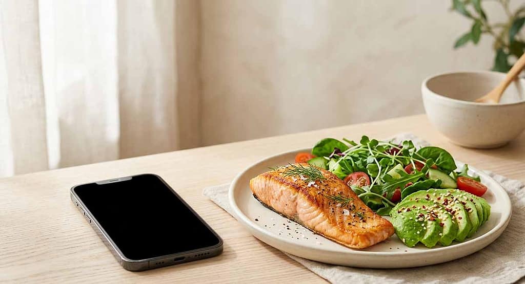 Tracking keto macros with a phone app next to a keto meal